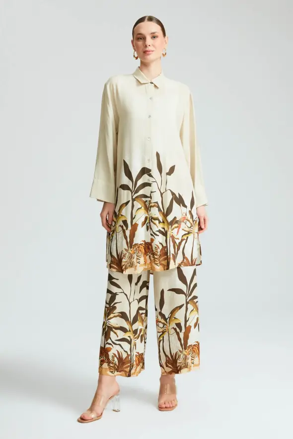 Tropical Patterned Oversized Tunic - Beige - 2