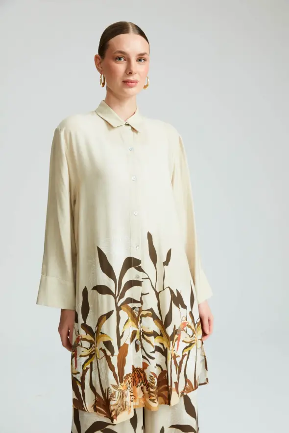 Tropical Patterned Oversized Tunic - Beige - 1