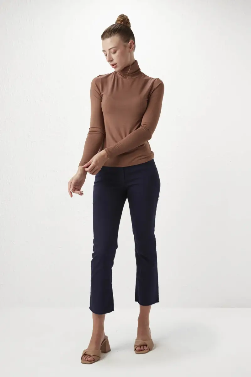 Turtleneck Basic Knitted Blouse - Coffee - 2