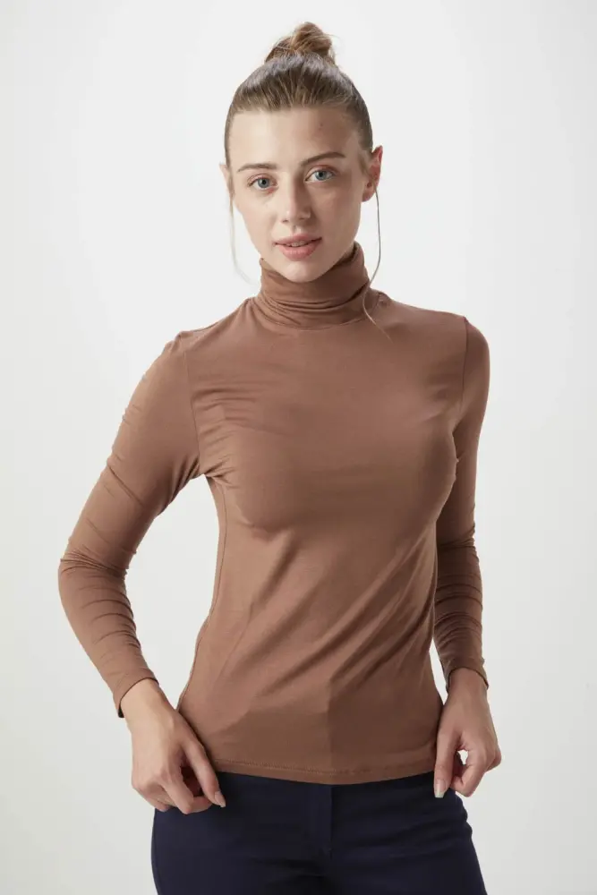 Turtleneck Basic Knitted Blouse - Coffee Brown