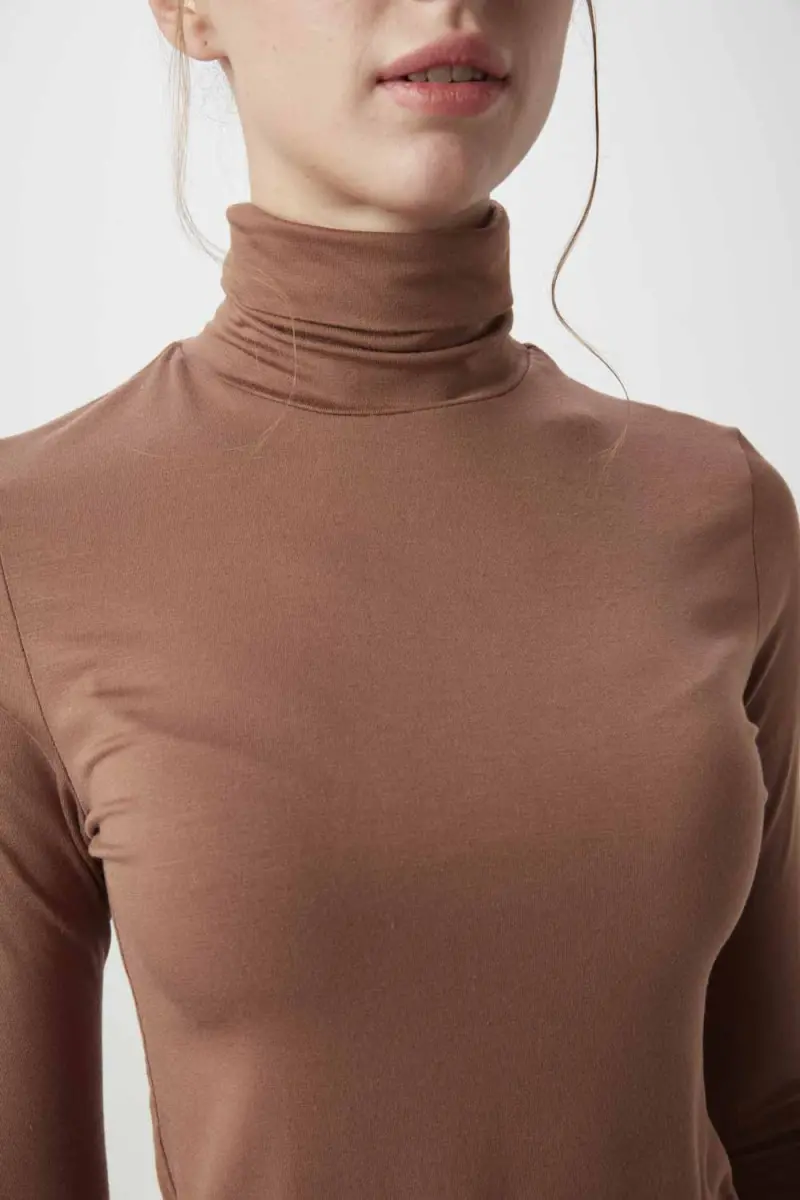 Turtleneck Basic Knitted Blouse - Coffee - 4