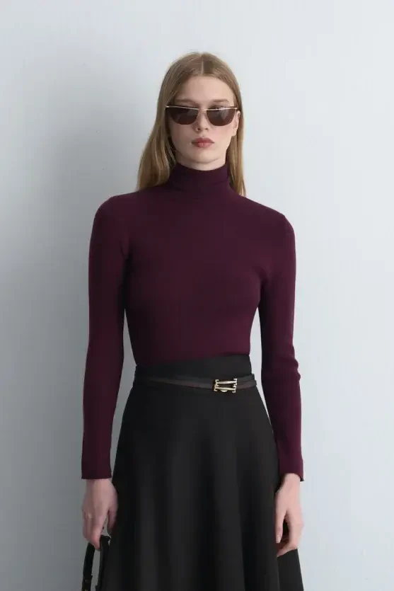 Turtleneck Basic Knitwear - Plum - 1