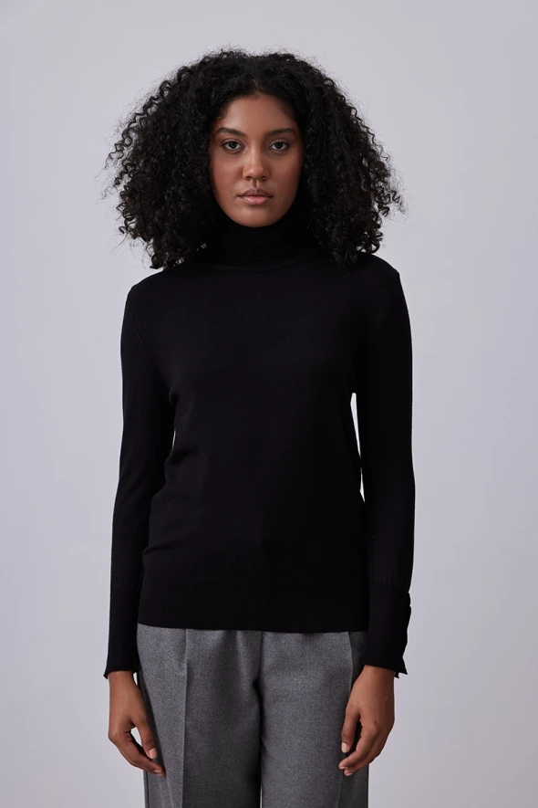 Turtleneck Button Detailed Knitwear - Black - 1