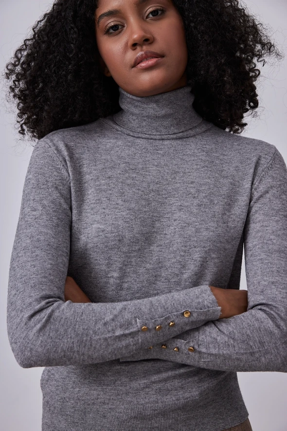 Turtleneck Button Detailed Knitwear - Grey - 2