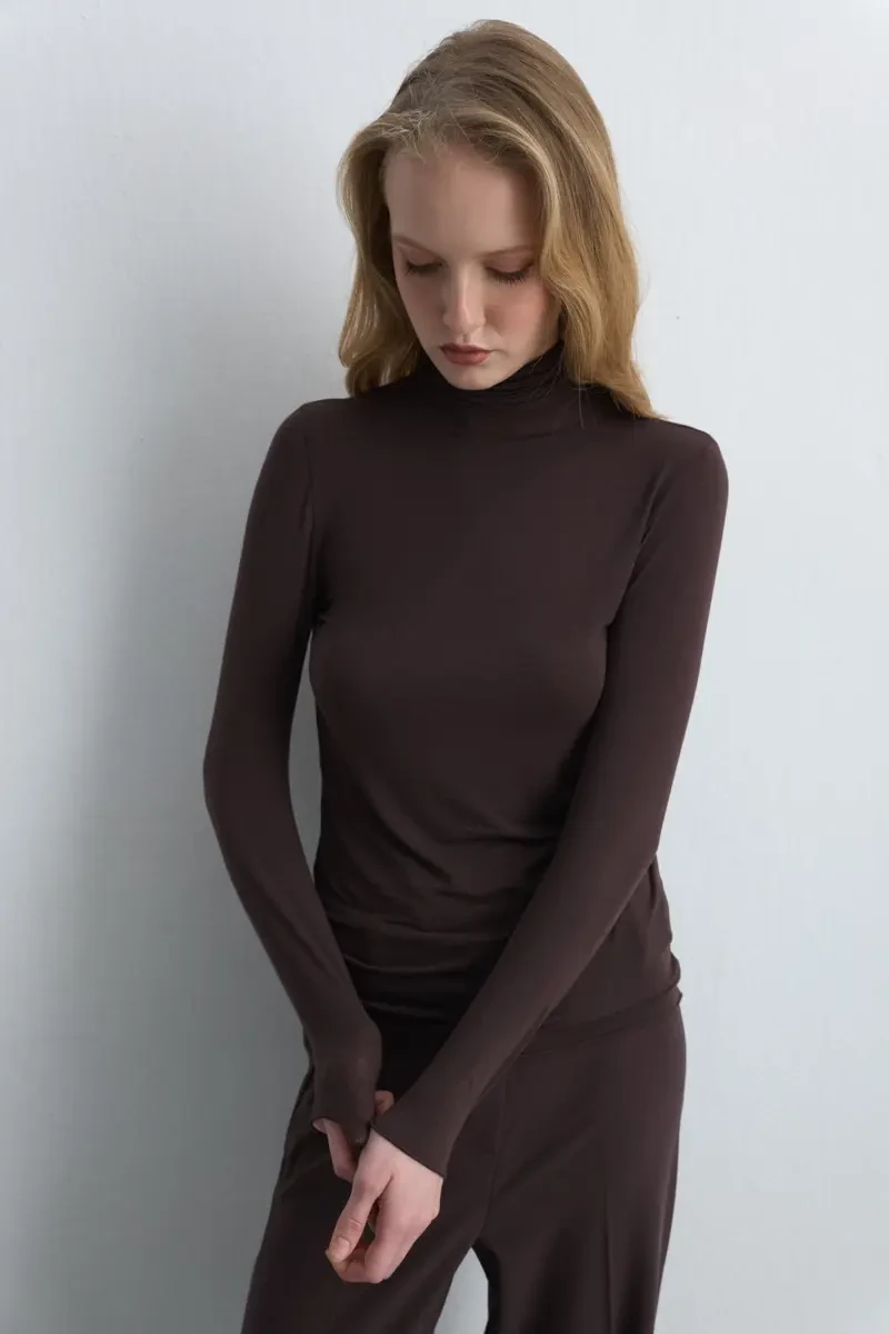 Turtleneck Cashmere Blouse - Brown - 1