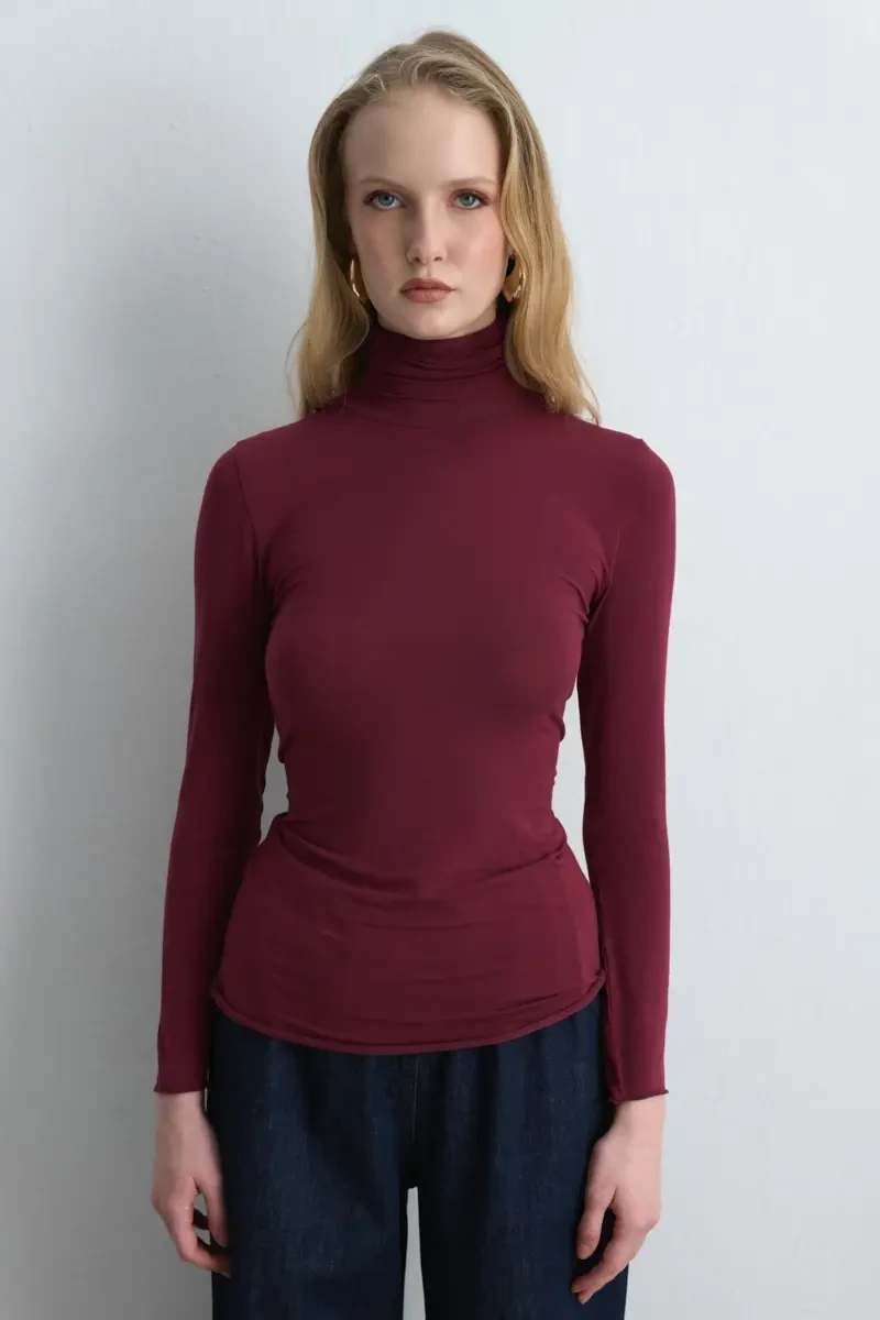 Turtleneck Cashmere Blouse - Burgundy Burgundy