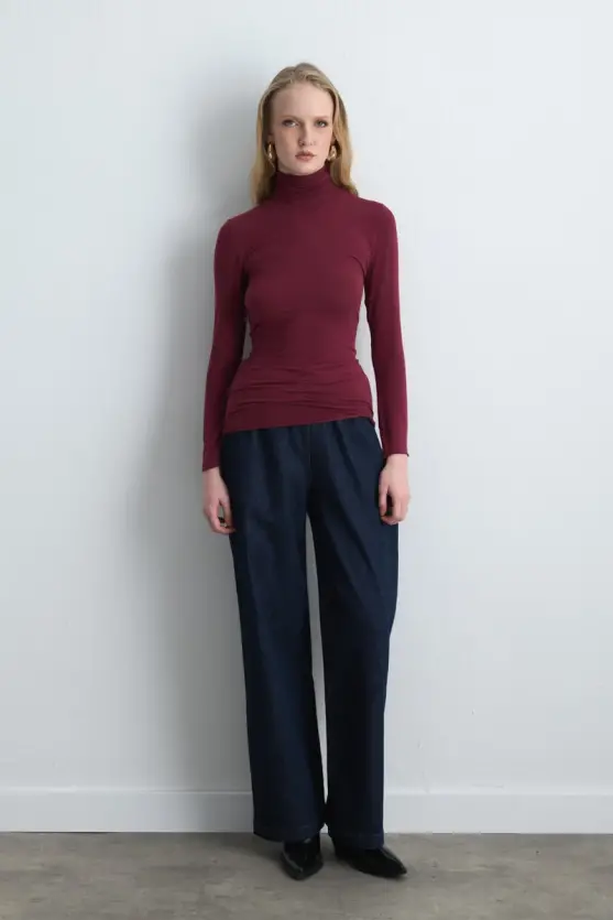 Turtleneck Cashmere Blouse Burgundy - 2