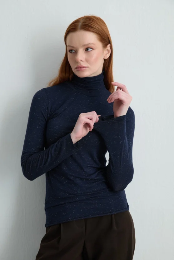 Turtleneck Cashmere Glitter Blouse - Navy Blue - 4