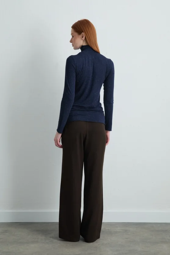 Turtleneck Cashmere Glitter Blouse - Navy Blue - 5