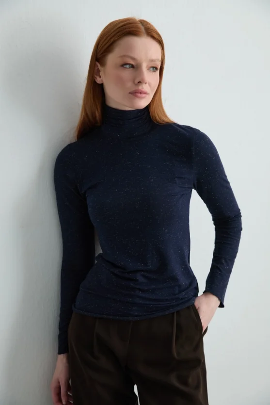 Turtleneck Cashmere Glitter Blouse Navy Blue - 1