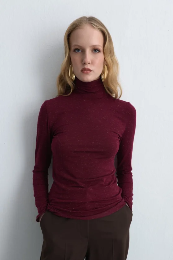 Turtleneck Cashmere Shimmer Blouse - Burgundy - Gusto