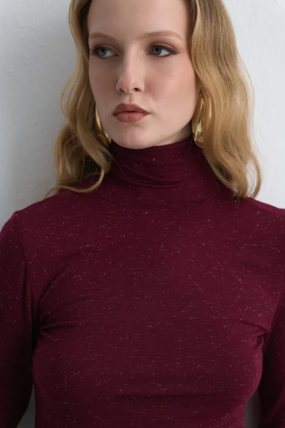 Turtleneck Cashmere Shimmer Blouse Burgundy - 2