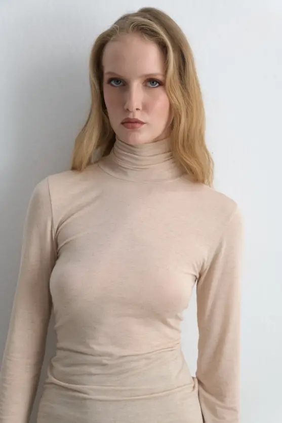 Turtleneck Cashmere Shimmer Blouse Ecru - 3