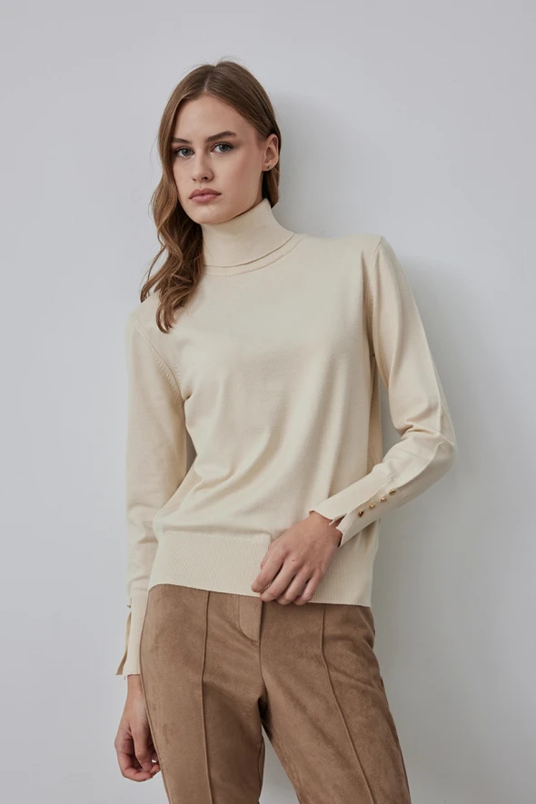 Turtleneck Knit Sweater with Button Detail - Ecru - 1