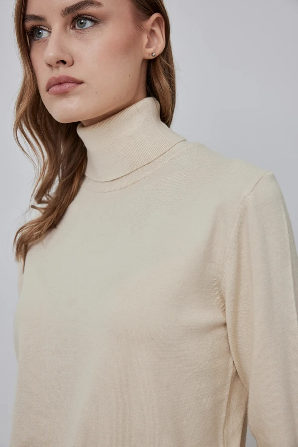 Turtleneck Knit Sweater with Button Detail - Ecru - 3