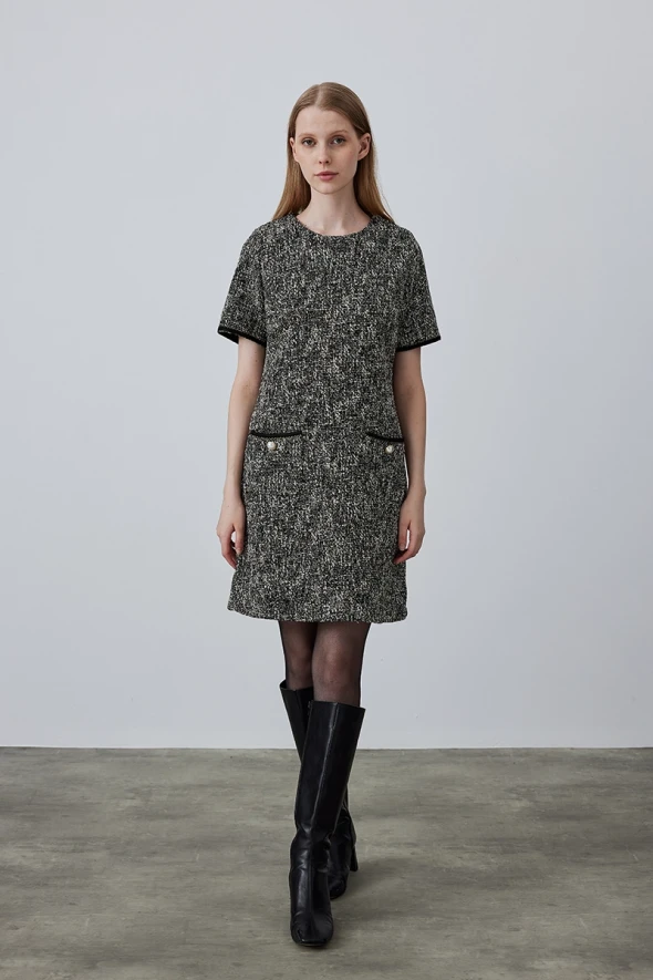 Tweed Dress with Pockets - Black - 2