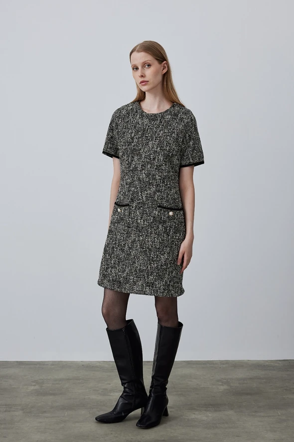 Tweed Dress with Pockets - Black - 1