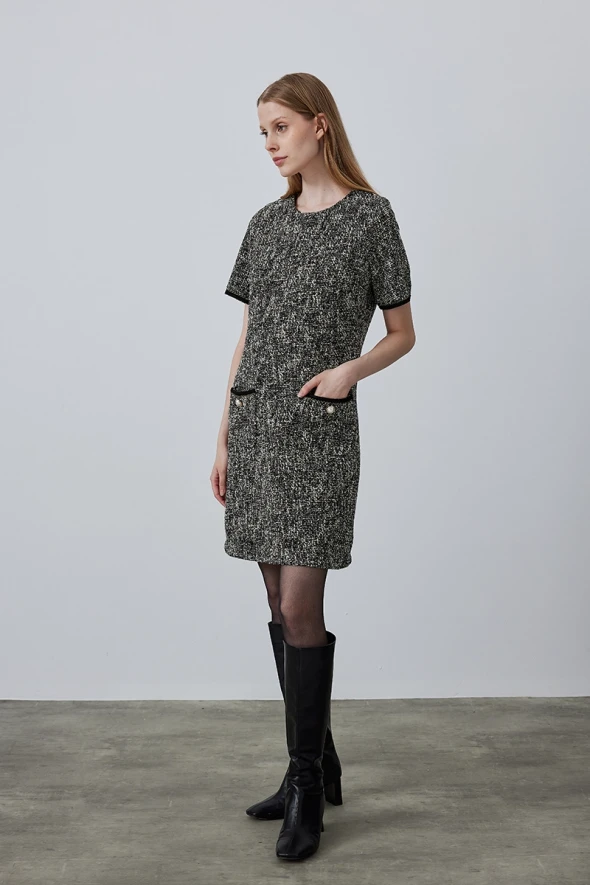 Tweed Dress with Pockets - Black - 3