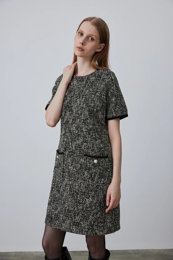 Tweed Dress with Pockets - Black - 4