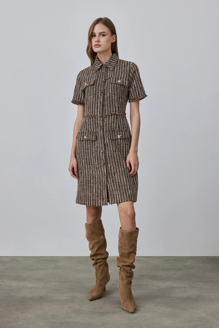 Tweed Dress with Pockets - Brown Brown