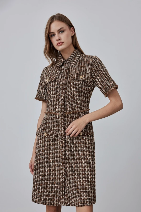 Tweed Dress with Pockets - Brown - 2