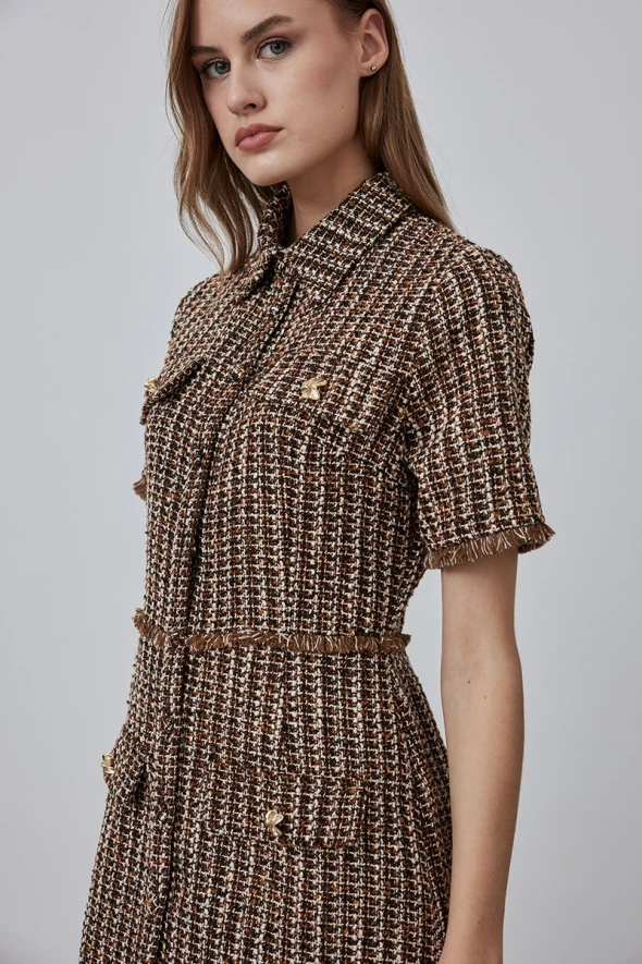 Tweed Dress with Pockets - Brown - 3