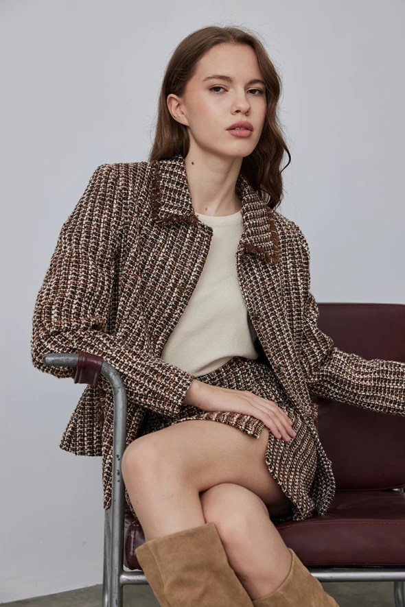 Tweed Jacket with Silvery - Brown - 4