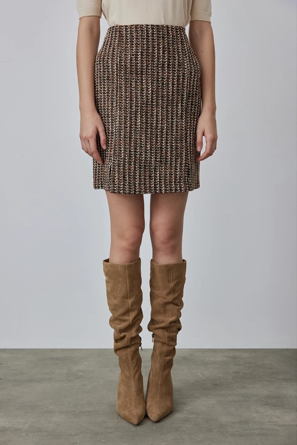 Tweed Mini Skirt with Silvery - Brown - 1