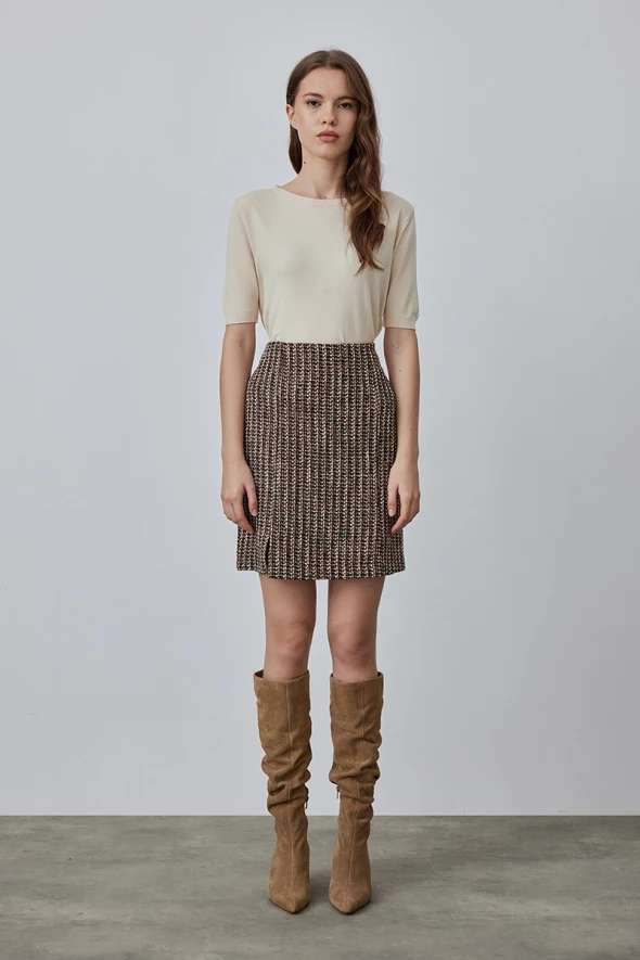 Tweed Mini Skirt with Silvery - Brown - 2