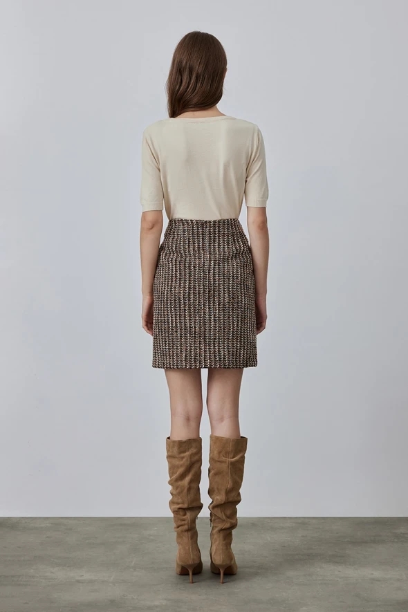 Tweed Mini Skirt with Silvery - Brown - 8