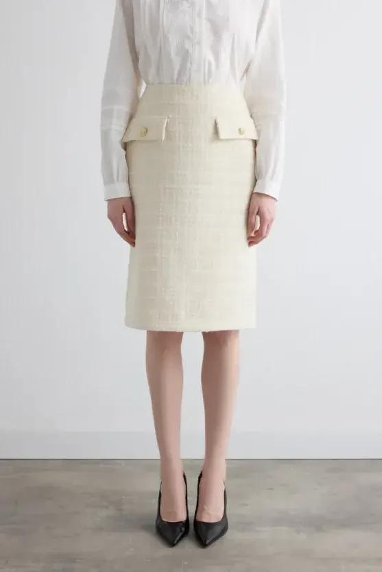 Tweed Pencil Skirt - Ecru - 2
