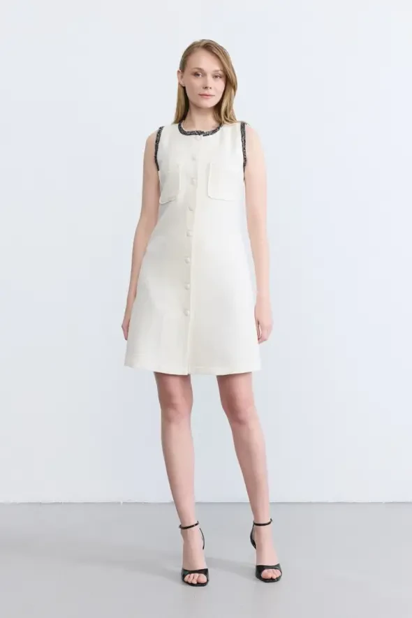 Tweed Pinafore Dress - Ecru - 1