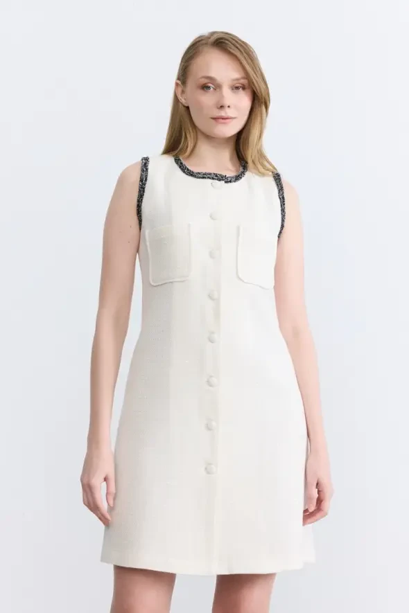 Tweed Pinafore Dress - Ecru - 2