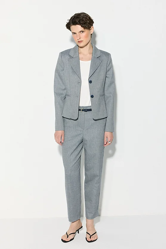 Two-Button Cotton Linen Blazer Jacket - Navy Blue - Gusto