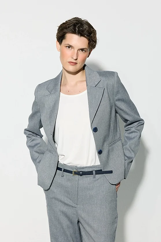 Two-Button Cotton Linen Blazer Jacket - Navy Blue - Gusto