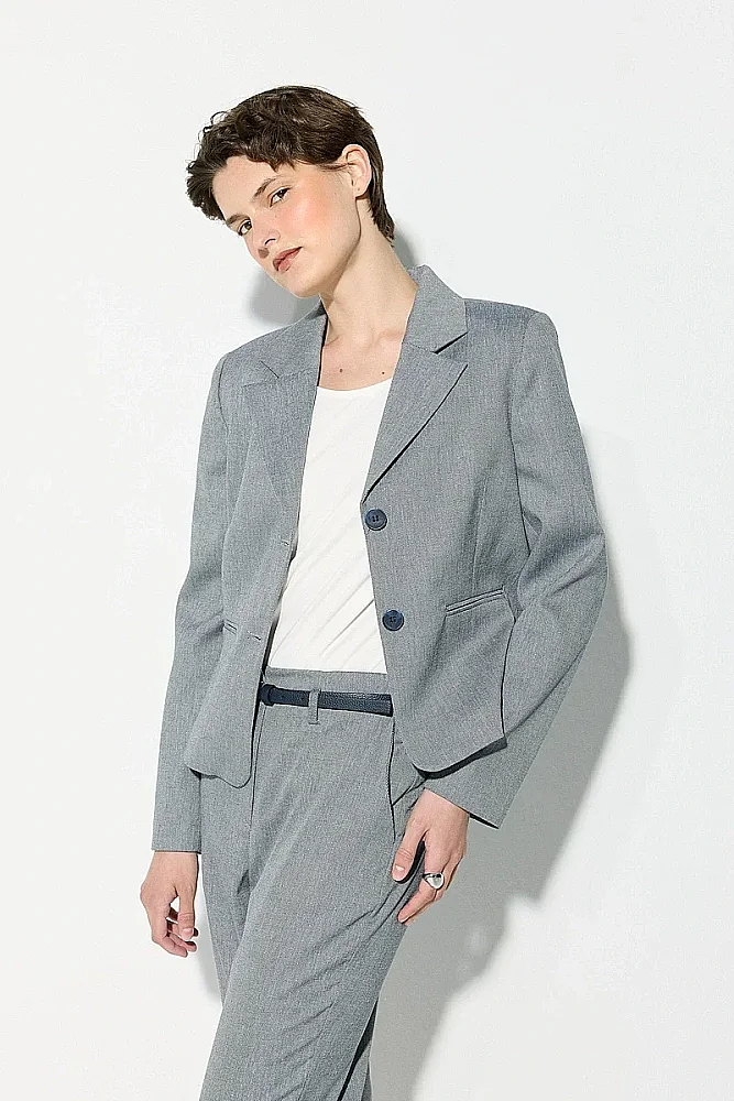 Two-Button Cotton Linen Blazer Jacket - Navy Blue - Gusto