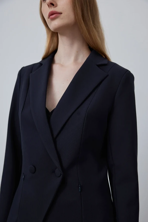 Two Button Jacket with Zippered Pockets - Navy - 3