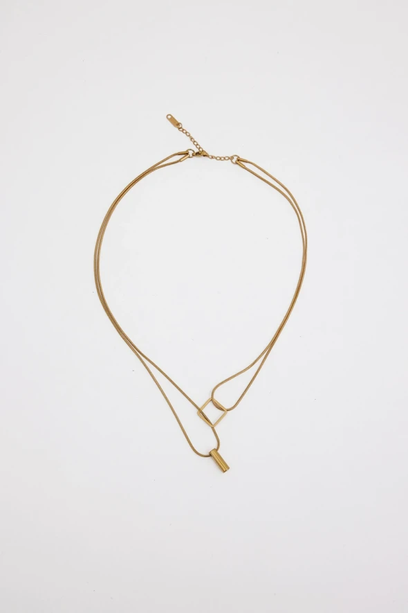 Two Layered Steel Necklace - Gold - 1