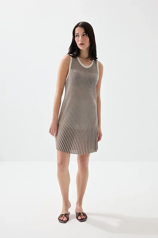 Two-Tone Sleeveless Viscose Knit Dress - Brown - Gusto