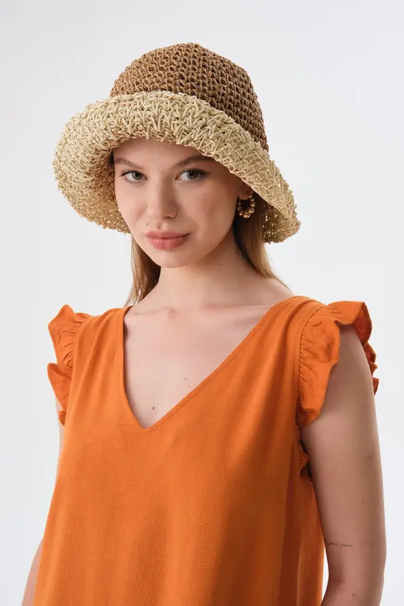 Two-Tone Straw Hat - Camel - 1