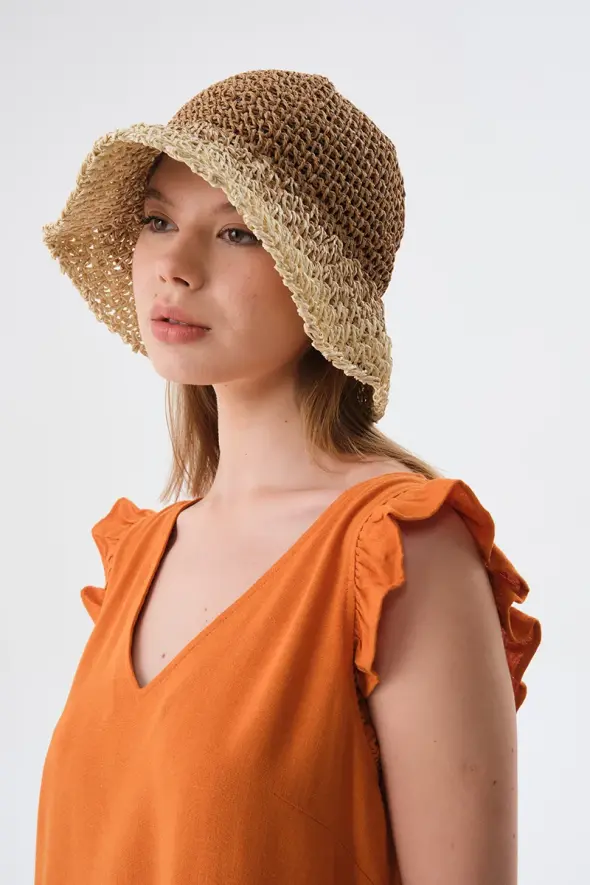 Two-Tone Straw Hat - Camel - 2