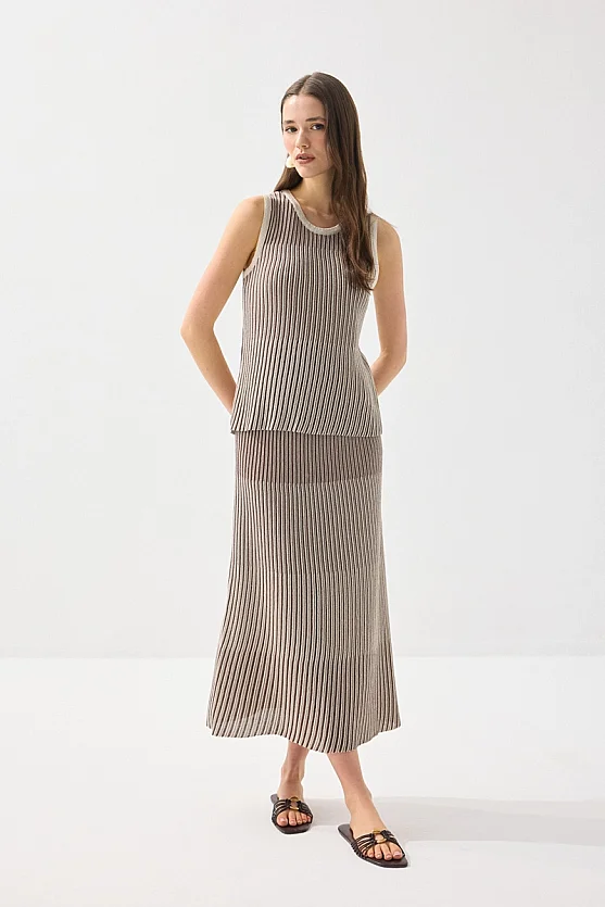 Two-Tone Viscose Knit Tank Top - Brown - Gusto
