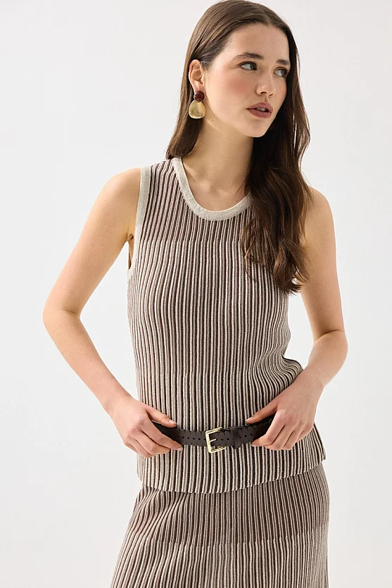 Two-Tone Viscose Knit Tank Top - Brown - 3