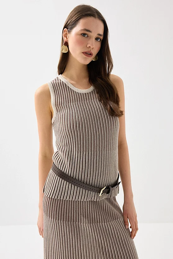 Two-Tone Viscose Knit Tank Top - Brown - 4