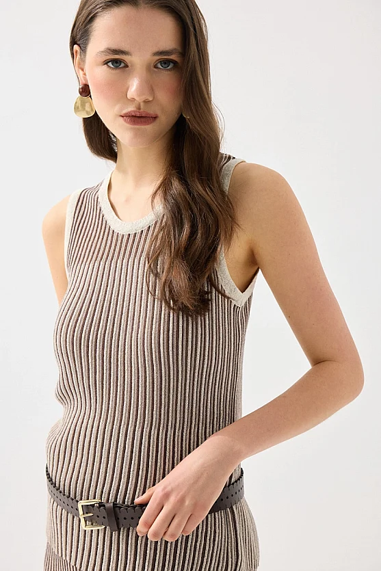 Two-Tone Viscose Knit Tank Top - Brown - Gusto