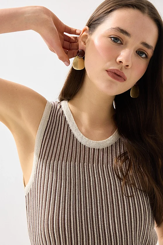 Two-Tone Viscose Knit Tank Top - Brown - Gusto