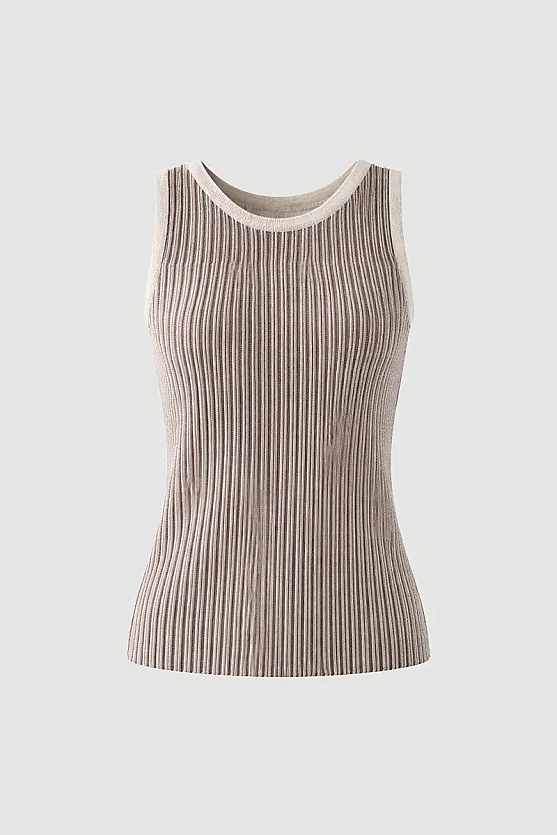 Two-Tone Viscose Knit Tank Top - Brown - 9