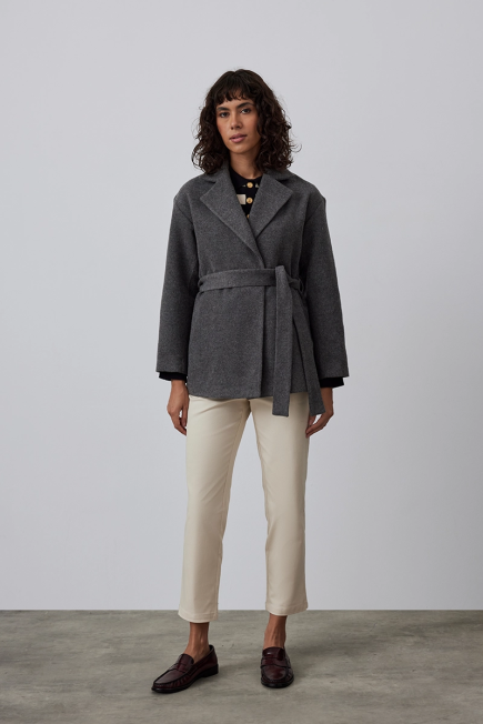 Unlined Woolen Coat with Waistband - Gray Gray