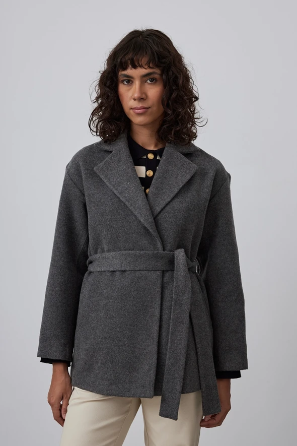 Unlined Woolen Coat with Waistband - Gray - 2