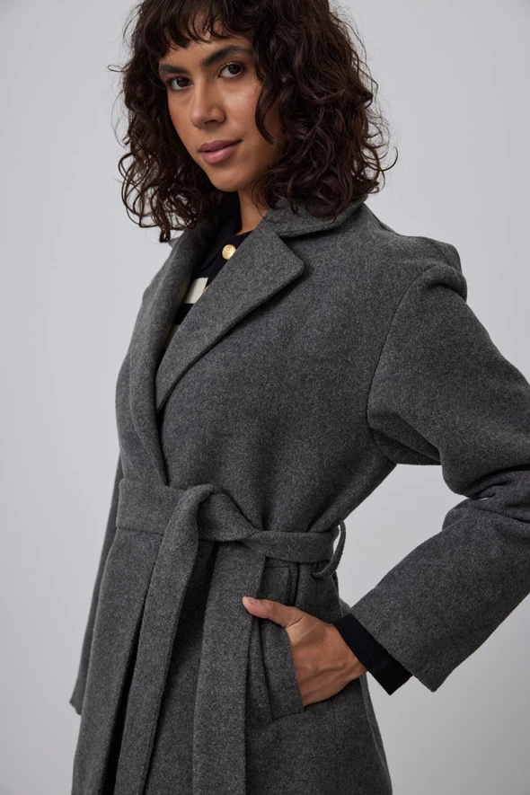 Unlined Woolen Coat with Waistband - Gray - 3